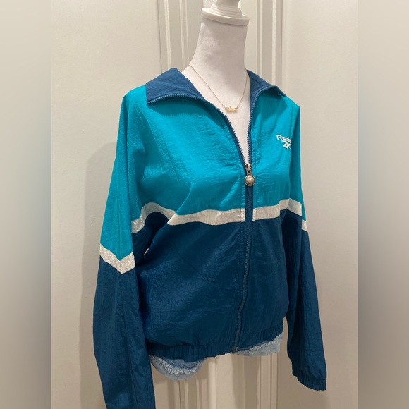 VTG Rare Retro 90s Reebok Teal & Navy Blue Color Block Windbreaker Jacket - L - Picture 6 of 16